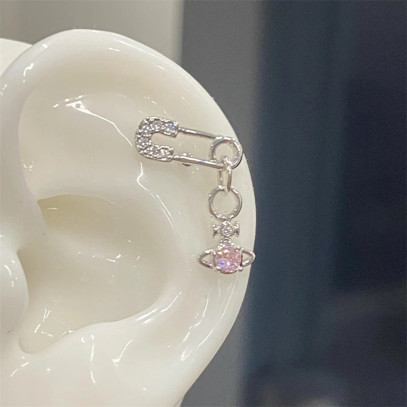 Lunivop 1PCS Pink Zircon Cross 316L Stainless Steel Annular Ear Bone Nail New Fashion U-shaped Earrings for Women Y2K Punk Jewelry