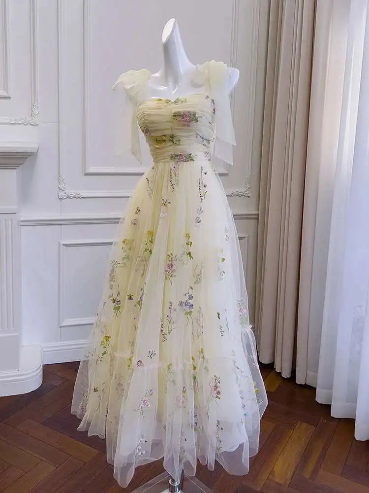 Lunivop  Embroidered Mesh Strapless Dresses For Women Slash Collar High Waist Thin Elegant Dress Female Spring 2025 New