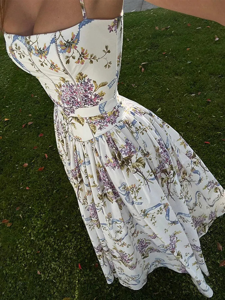 Lunivop  Vintage Flower Print High Waist Pleated Maxi Dress Women Sexy Backless Sleeveless Long Dresses Summer Sexy Vocation Party Robe