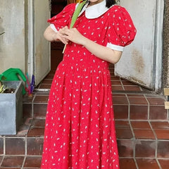 Lunivop  Fashionable Elegant Summer New Women's Printed Peter Pan Collar Spliced Folds Contrast Color Loose Short Sleeve Sweet Midi Dress  the dress black dress white dress