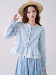 Lunivop Cute Bow Sweet Shirts Women Korean Fashion Lace Patchwork Blue Blouse Preppy Style Casual Elegant Female Long Sleeve Tops