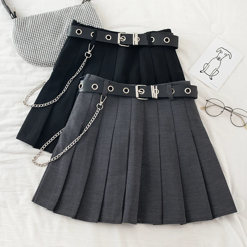 Lunivop Punk Mini Skirt With Chain Belt Rock Girl Cheerleading Belted Pleated Skirt Women Alt-girl Egirl Y2K Outfit