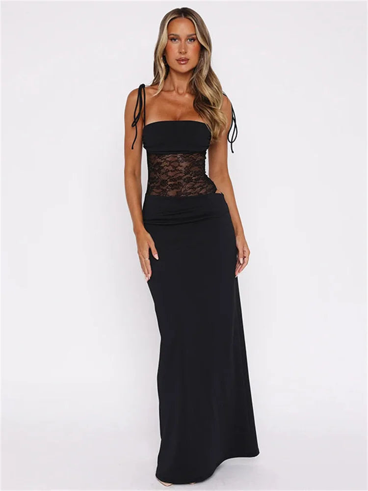 Lunivop  Lace See-Through Patchwork Long Dress Female Spaghetti Backless High Waist Fashion Hollow Out Dress Spring Bandage Dress