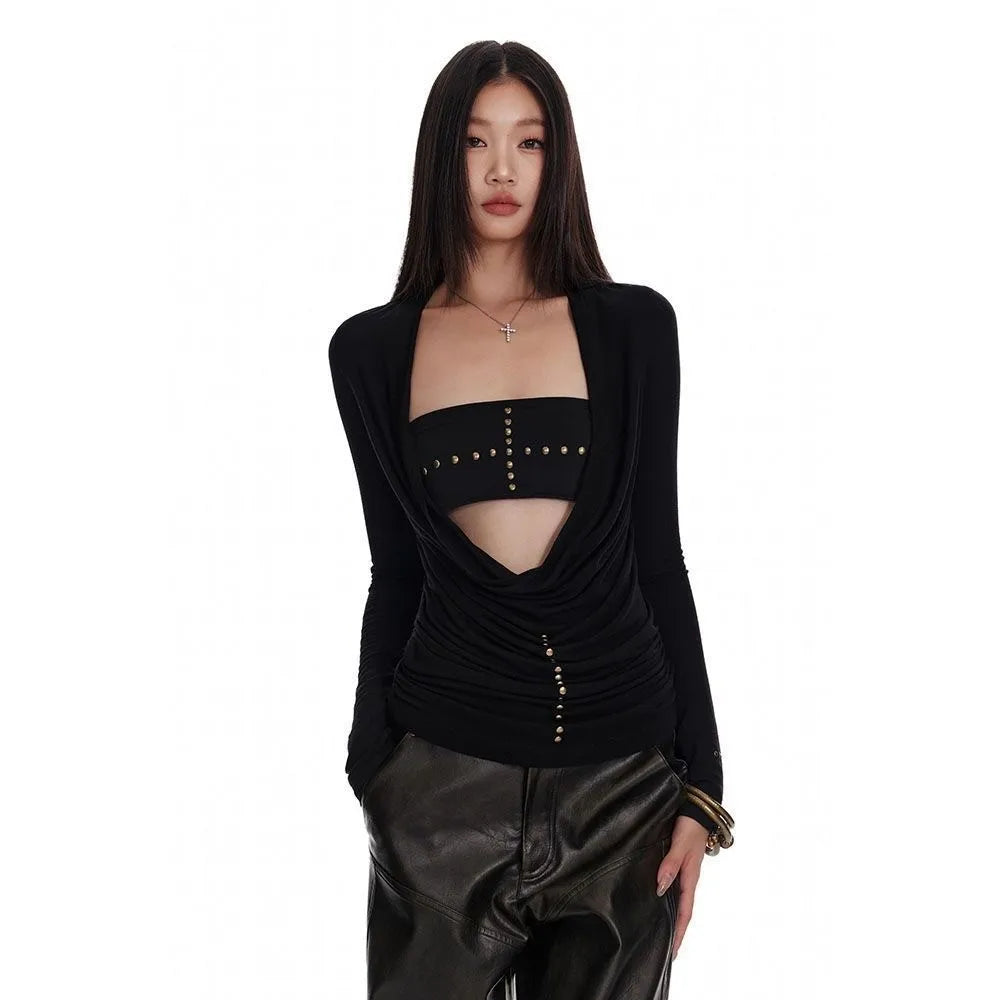 Lunivop Y2k Japanese T Shirt Women Black Rivet Punk Tops Swing Collar Streetwear Two Pieces Tops American Retro 90s Tshirts