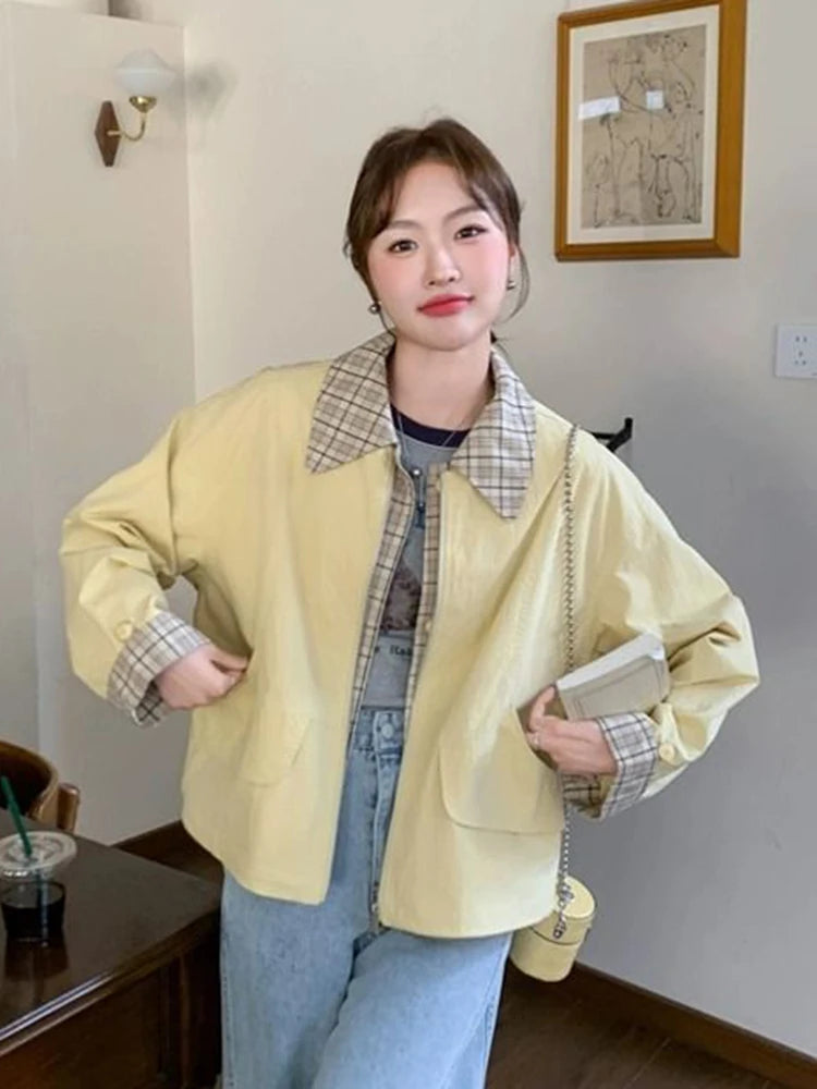 Lunivop Sweet Cargo Jacket Women Loose Preppy Style Plaid Patchwork Short Coat Casual Korean Fashion Long Sleeve Fall Winter Tops