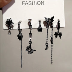 Lunivop 6PCS SET Goth Black Butterfly Crystal Tassel Chain Pendant Earring For Women Vintage Aesthetic Trendy Y2K Jewelry Gift Brincos