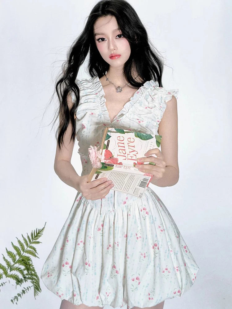 Lunivop  Floral V Neck Sexy Dress Women Casual Elegant Sleeveless Mini Dress Vintage Lace Up Female Korean Summer Beach Style Dress
