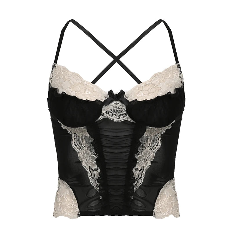 Lunivop  Chic Contrast Lace Stitched Bow Camis Women Sleeveless Ruched Mesh Cropped Tops Women Summer y2k Strap Tees Vintage 2000s