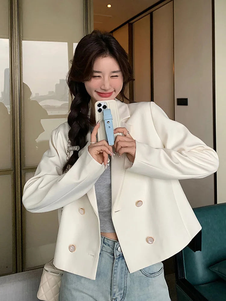 Lunivop Elegant White Blazer Women Slim Long Sleeve Korean Sweet Suit Coat Casual Fashion Fall Double Breasted Female Chic Short Outwear