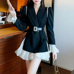Lunivop  Elegant Vintage Diamond Slim Fit Long Sleeve Black Coat Women+ High Waist Patchwork Skirts Early Autum New Two Piece Sets