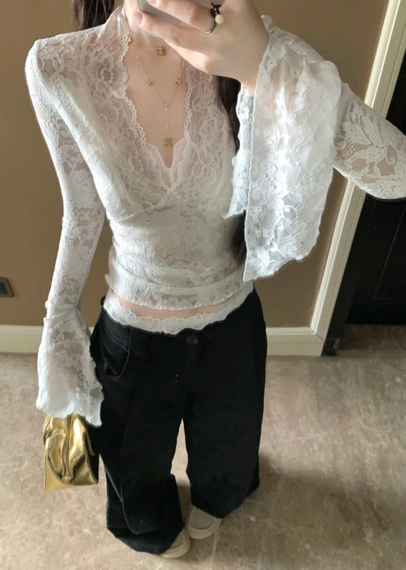 Lunivop Women's Long Sleeve Lace Top V-neck Flared Sleeve Sheer Lace Crop T-shirt Teen-girl Coquette Fairycore Y2K Outfit