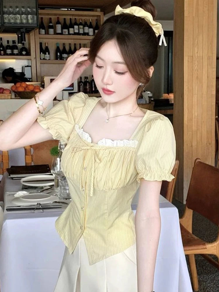 Lunivop  Sweet Yellow Striped Shirt Women Casual Vintage Square Collar Slim Blouse Korean Preppy Style Puffy Sleeve Elegant Tops New