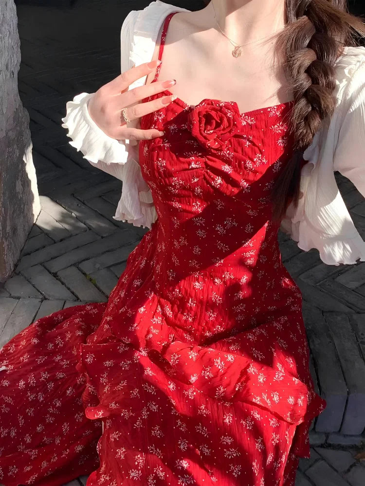 Lunivop  French Two Piece Set  Floral Printed Red Strap Camisole Dresses Summer Sweet Girl Waist Slimming Irregular Slit A-line New