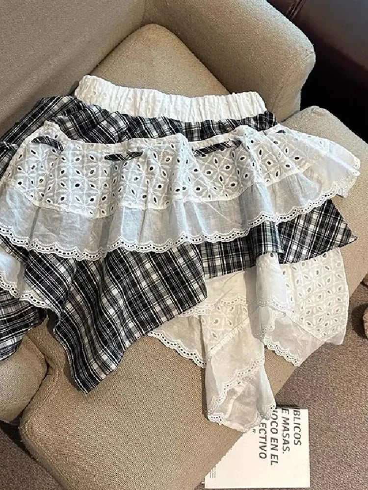 Lunivop  Y2K Plaid Patchwork Skirt Women Vintage Casual High Waist Streetwear Mini Skirts Retro Harajuku American Irregular Skirt