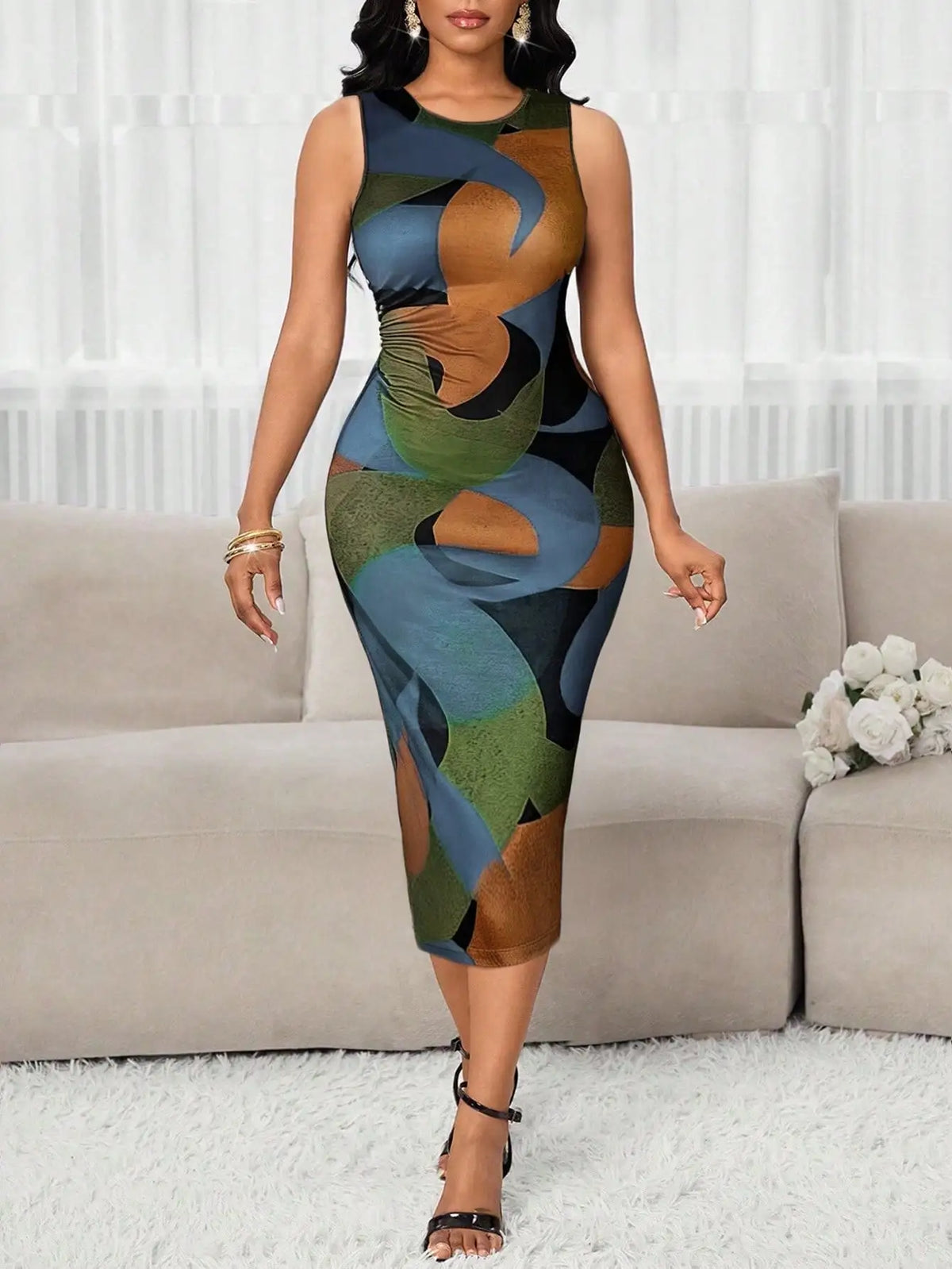Lunivop  Women's Color Block Printed Ruched Sleeveless Bodycon Dress Knee Length Casual Elegant