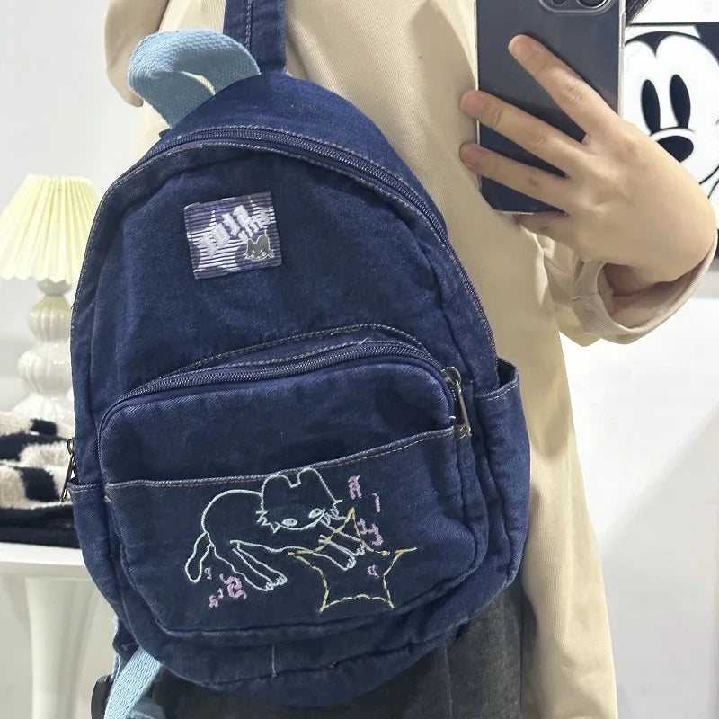 Lunivop Japanese Simple Kawaii Cat Backpack Denim Handbag Shoulder Bags Large Capacity Student Schoolbag Cute Women Backpack