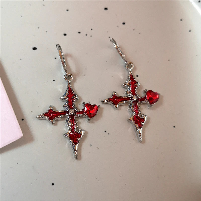 Lunivop Fashion Gothic Red Cross Drop Earrings Women Men Halloween Jewellery Street Punk Hip Hop Grunge 2000s EMO Jewelry Accessories