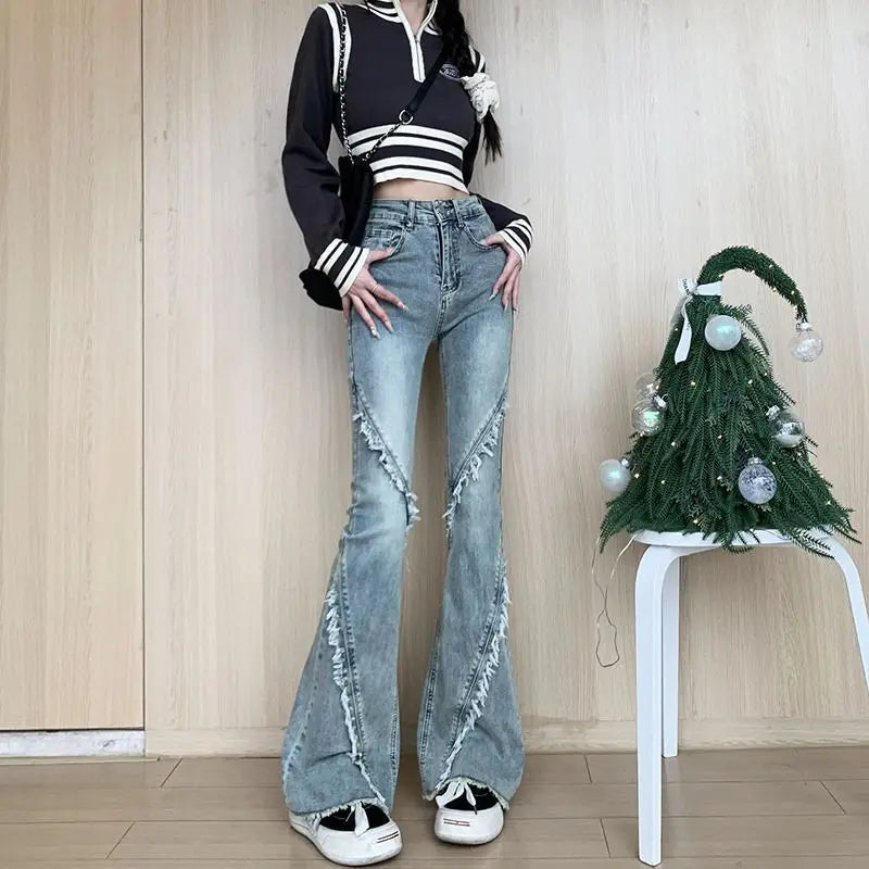Lunivop  High Waist Bell Bottom Jeans Women's Spring Autumn Slim Fit Elastic  Hoof Fashion Splicing Jeans Long Pants Bell Shape