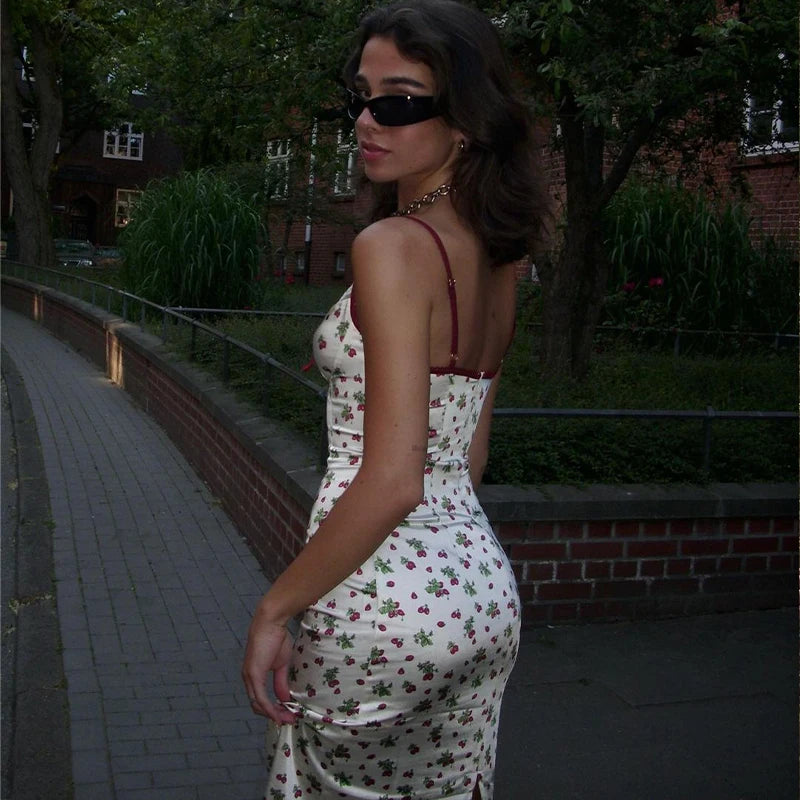Lunivop Satin Strawbary Print Slit Lace Zipper Back Women'S Dresses Summer Autumn Party Prom Lady Casual Streetwear Clothing