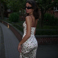 Lunivop Satin Strawbary Print Slit Lace Zipper Back Women'S Dresses Summer Autumn Party Prom Lady Casual Streetwear Clothing