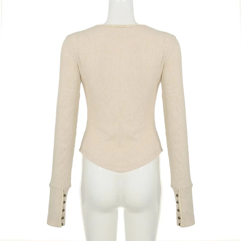 Lunivop Hollow out Crop Tops y2k Aesthetic Round necked Fairy Grunge Women Knitted Button Long Sleeve Slim TShirts Harajuku Tees Clothes