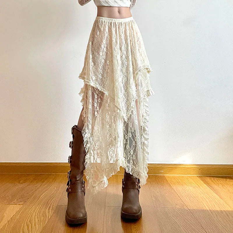 Lunivop Lace Vintage Long Skirts Irregular Holiday Y2k Skirts for Women Boho Tulle Elegant See Through Midi Skirt High Waist