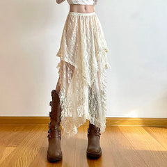 Lunivop Lace Vintage Long Skirts Irregular Holiday Y2k Skirts for Women Boho Tulle Elegant See Through Midi Skirt High Waist