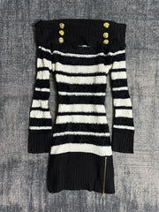 Lunivop  Women's Sweater Black White Striped Off-Shoulder Knit Top with Slim Fit Long Sleeve Pullover y2k Retro Casual American Aesthetic