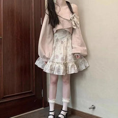 Lunivop  Skew Collar Bow Long Sleeve Corduroy Pink Tops Women+ Heavy Flower Print Slim Waist Camisole Dresses Spring New Two Piece Sets
