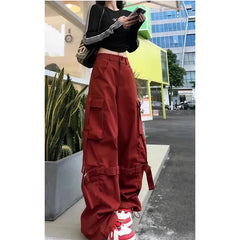 Lunivop Vintage Casual High Waist Red Cargo Pocket Pants For Women Streetwear Style Wide Leg Overalls Baggy Y2K Trouser