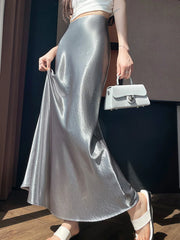 Lunivop  Chic Satin Elegant Long Skirt Women Casual Fashion High Waist Sweet Trumpet Skirts Slim Summer Female Korean Long Skirts
