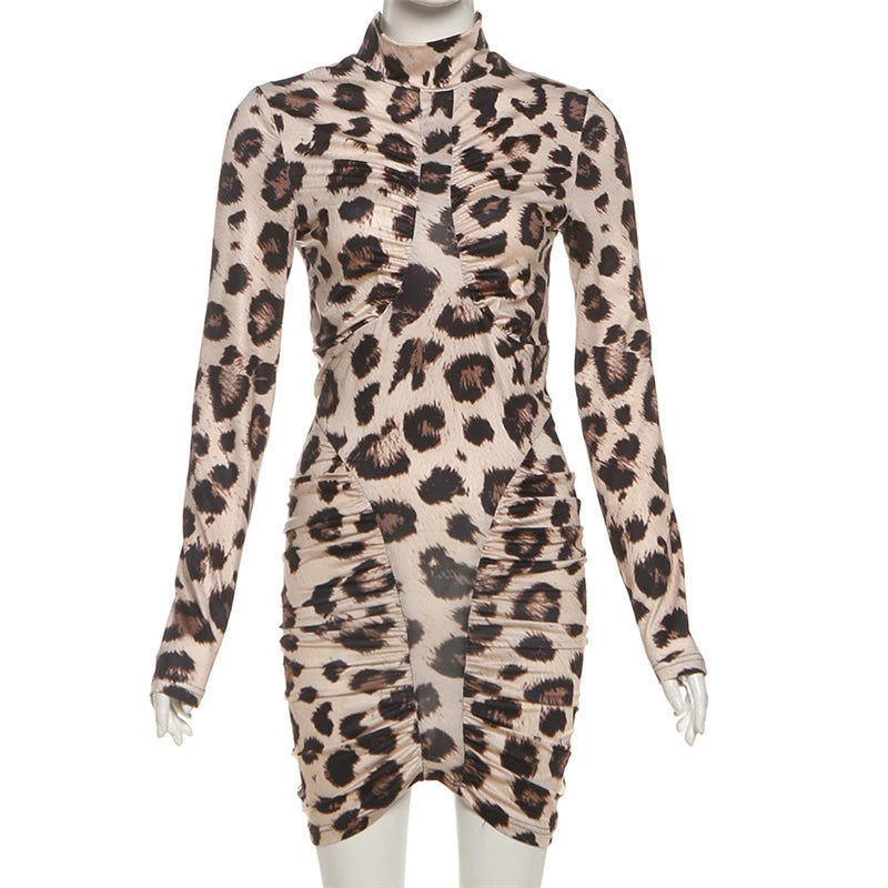 Lunivop  BKLD New Backless Leopard Print Half High Collar Long Sleeve Cutout Ruched Slim Fit Short Dresses Autumn Winter Sexy Club Outfit