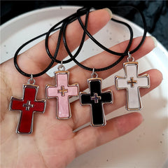 Lunivop Red Pink Large Cross Pendant Leather Choker Necklace Goth Punk Jewelry Charm Statement Women Men Y2k Accessories Halloween Gift