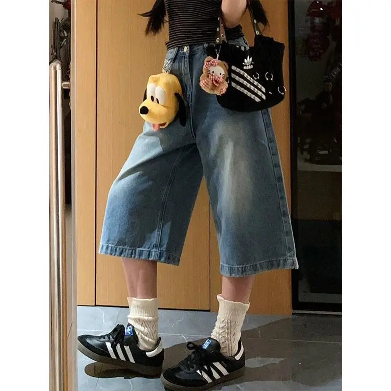 Lunivop  American Washed Denim Shorts for Women Summer Vintage Straight Wide Leg Jeans Pants 2025 New Loose Calf- Length Pants