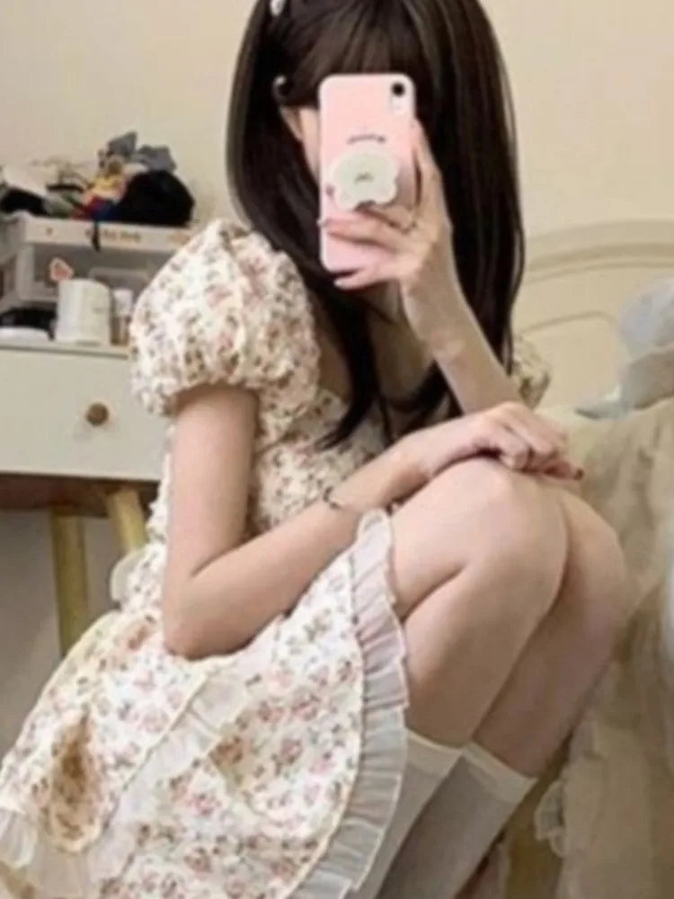 Lunivop  Summer Fairy Puff Sleeve Strapless Floral Print Dresses Women Elegant Sweet Chiffon Dress High Waist Slim Tierred Princess New