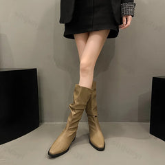 Lunivop Vintage Thick Heel Women Pleated Knee High Boots New Fashion Slip on Shoes Autumn Winter Ladies Pointed Toe Long Booties