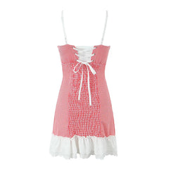 Lunivop  Sexy Sweet Women Patchwork Sling Mini Dress Vintage High Wasit Lace Up Back A-line Summer Dresses Holiday Robe