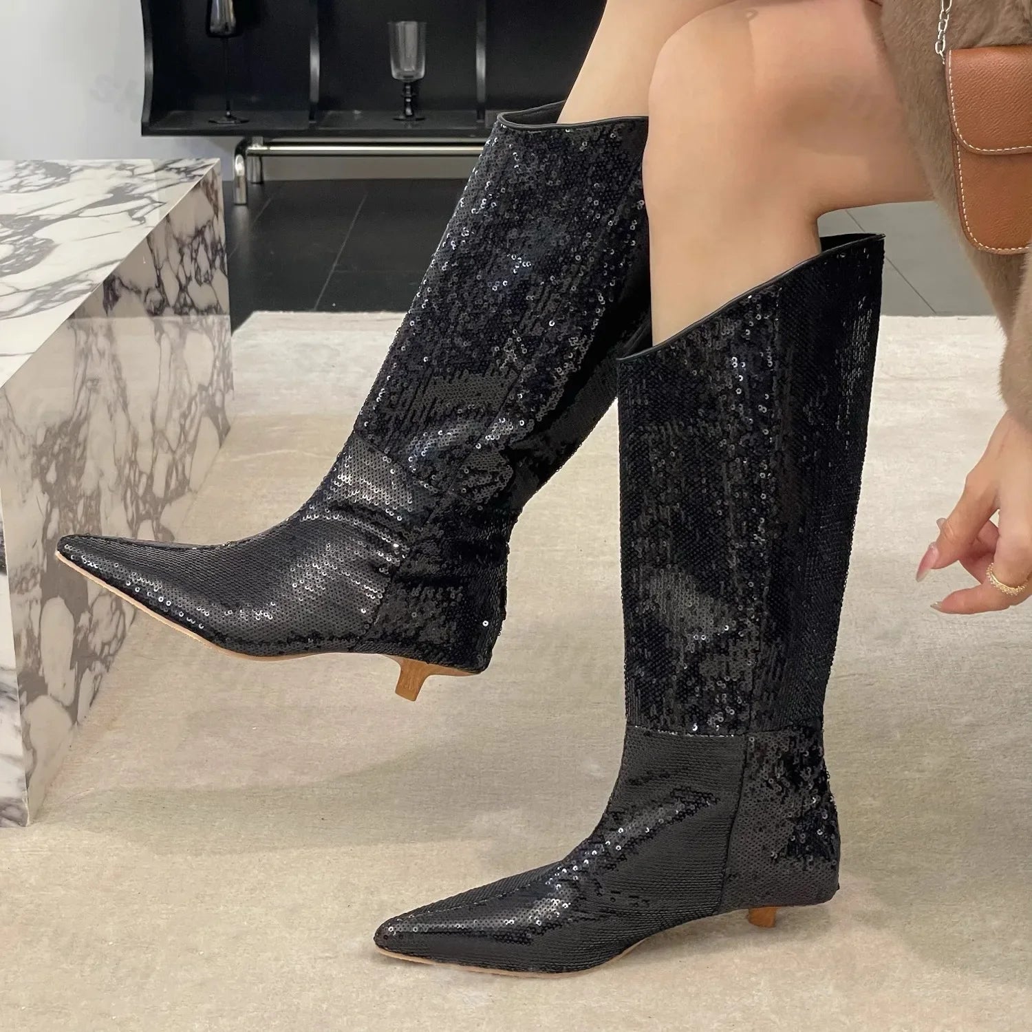 Lunivop Sequin Women Knee High Boots Fashion Elegant Slip on Long Booties Sexy High Heels Stripper Shoe Botas De Mujer