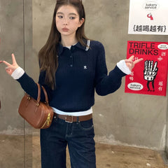 Lunivop Preppy Style Embroidery Sweaters Women Old Money Style Korean Knitted Pullover Vintage Long Sleeve Gray Polo Jumpers