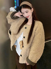 Lunivop  Cute Warm Faux Lamb Coat Women Loose Sweet Preppy Style Winter Jacket Casual O Neck Long Sleeve Vintage Korean Pockets Outwear