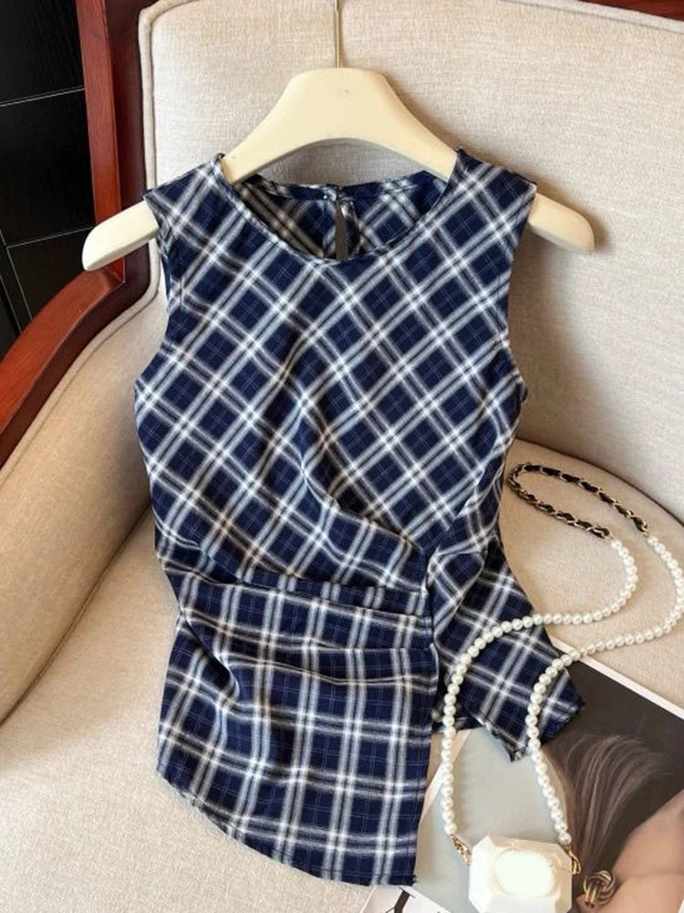 Lunivop  Retro Women Red Plaid Tanks Casual O Neck Slim Korean Vintage Tanks Summer Sleeveless Irregular Female Design Simple Tops