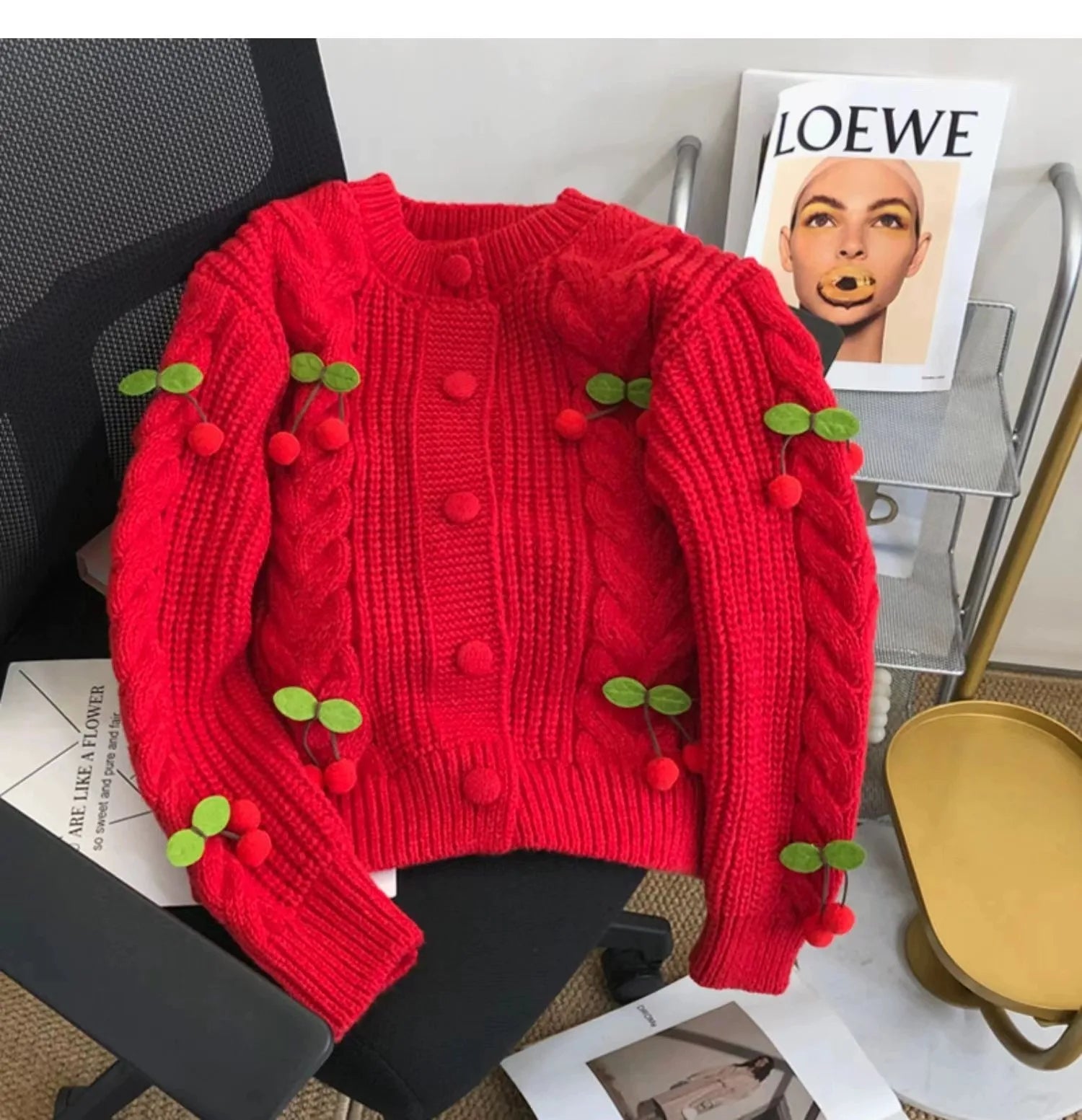 Lunivop Women Cherry Sweater Cardigan Cute Cherries Pom Pom Cable Knit Button-Up Knit Coat Fall Winter Korean Kawaii Sweet Outfit