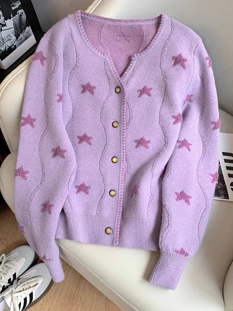 Lunivop Stars Print Vintage Cardigan Women Casual Cute Long Sleeve Loose Knitted Sweater Korean Retro O Neck Female Purple Tops New