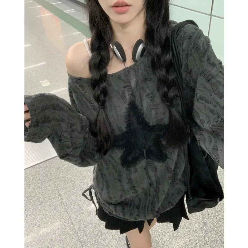 Lunivop Streetwear Drawstring Pleated Loose Long-sleeved T-shirt Women Autumn New O-Neck Star Stitching Distressed Casual Tops