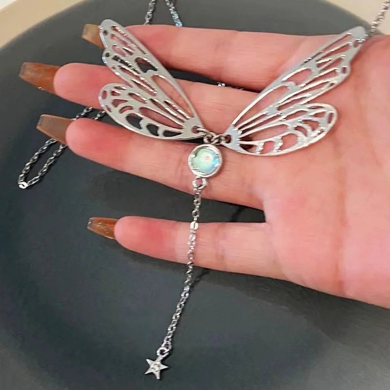 Lunivop Witch Fairy Elves Butterfly Wings With Crystal Pendant Chain Necklace Forest Fairy Jewelry For Women