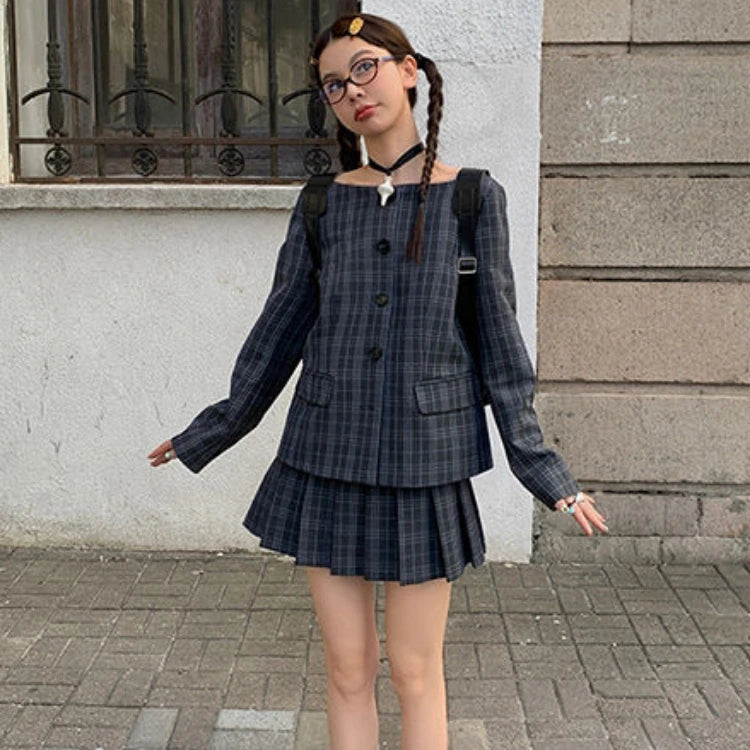 Lunivop Plaid Two-piece Suit Women Harajuku Slash Neck Vintage Single Breasted Overcoat Girls Sweet Pleated Grunge Skirts