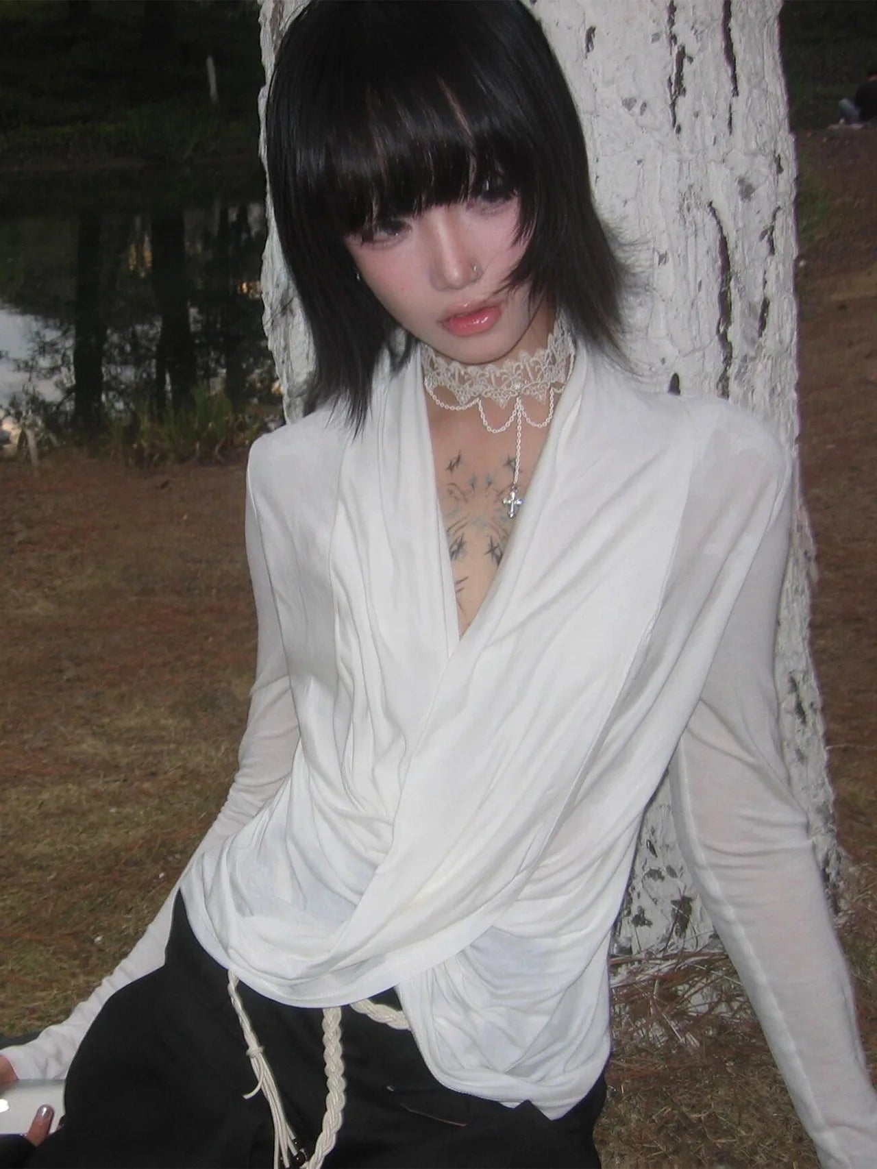 Lunivop Y2k Fairycore T Shirt Women Lace Patchwork Fake Two Pieces Tops Japanese 2000s Irregular Swing Collar Tee Tops E-girls
