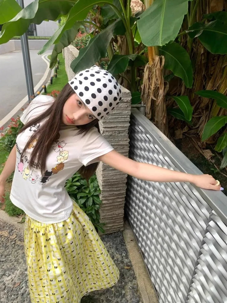 Lunivop  Yellow Plaid Printed Mid-length Skirt for Women Summer Elastic Waist A-line Skirts Y2k High Waist Mid-length Faldas Mujer