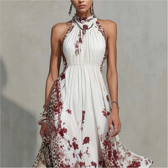 Lunivop  Summer Hanging Neck Sleeveless Waist Party Maxi Dress Women Elegant Hollow Floral Print Pleated Lady Chic Evening Gown Vacation