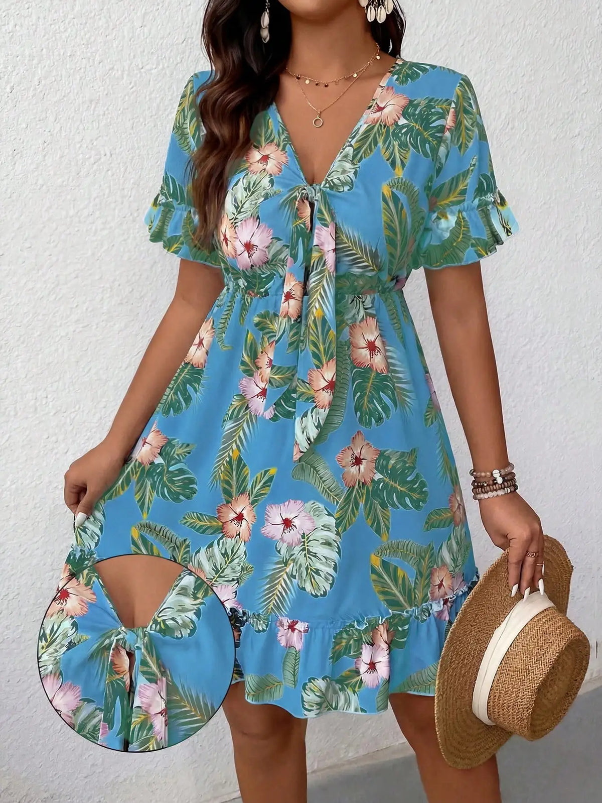 Lunivop  Tropical Floral Print Front Knotted Short Sleeve Casual Dress Vacation Outfit
